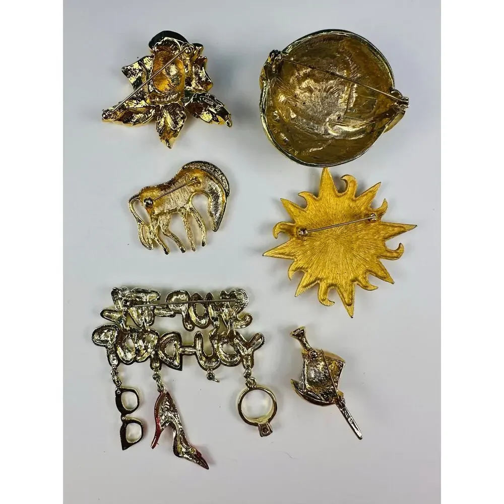 Vintage Goldtone and Rhinestone Brooch Pin Bundle Zebra, Top Hat, Rose